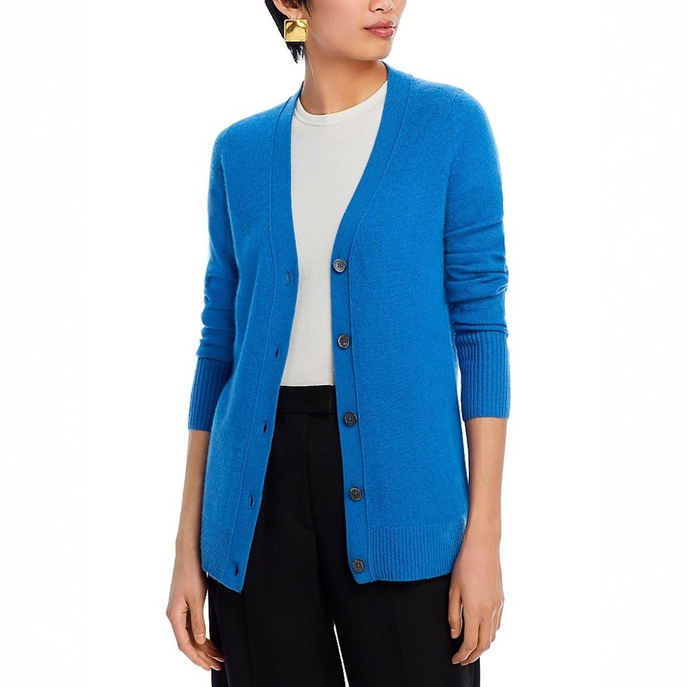 NWT C by Bloomingdale's Cashmere Grandfather Cardigan Blue Lagoon $188 - Size M